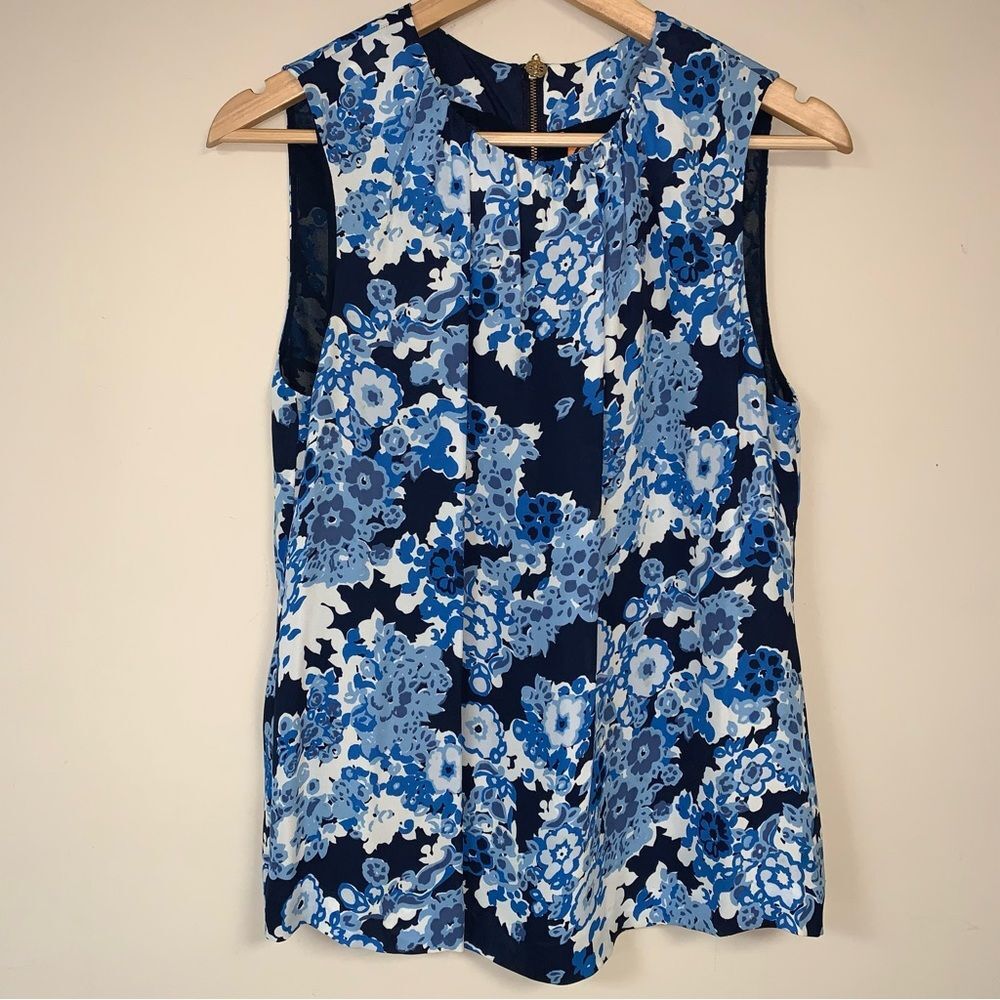 Tory Burch Silk Top Women’s 10 Sleeveless Blouse Blue Floral Tank Summer Beachy